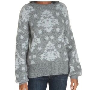 Lewit Jaquard Mohair Long Sleeve Metallic Grey Ivory Crew Neck Sweater